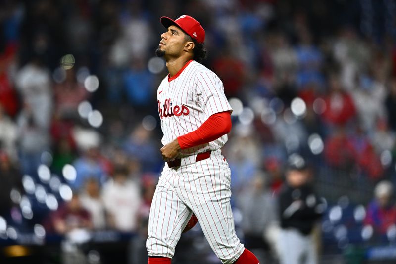 Apr 20, 2024; Philadelphia, Pennsylvania, USA; Philadelphia Phillies relief pitcher Ricardo Pinto (51) is taken out after allowing five runs against the Chicago White Sox in the ninth inning at Citizens Bank Park. Mandatory Credit: Kyle Ross-USA TODAY Sports