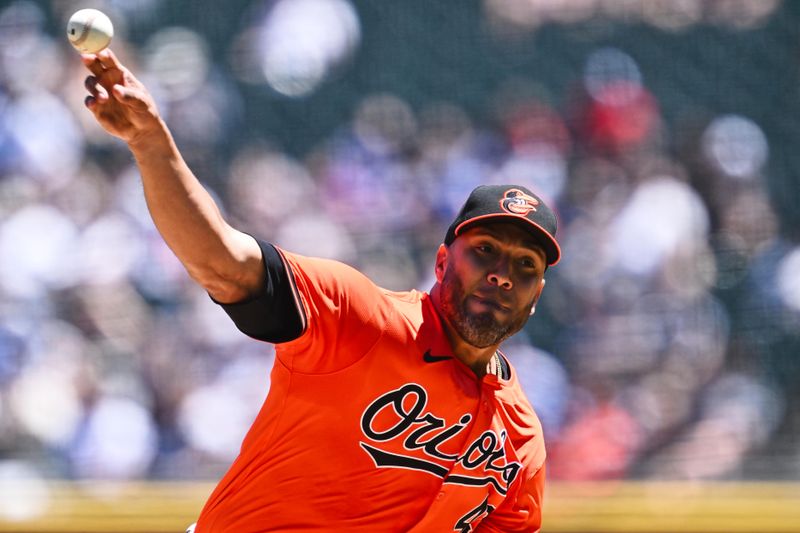 May 25, 2024; Chicago, Illinois, USA;  Baltimore Orioles pitcher Albert Suarez (49) pitches in the second inning against the Chicago White Sox at Guaranteed Rate Field. Mandatory Credit: Jamie Sabau-USA TODAY Sports