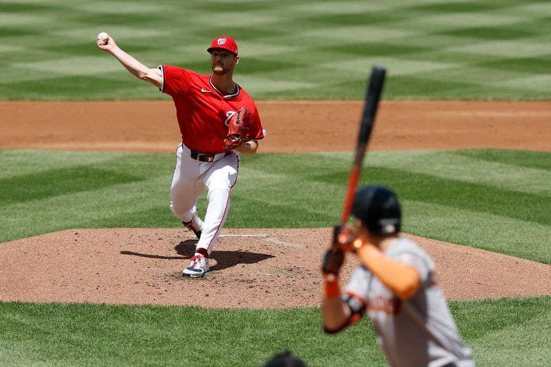 May 25, 2025; Washington, District of Columbia, USA; Washington Nationals starting pitcher Michael Soroka (34) pitches against San Francisco Giants outfielder Mike Yastrzemski (5) during the third inning at Nationals Park. Mandatory Credit: Geoff Burke-Imagn Images