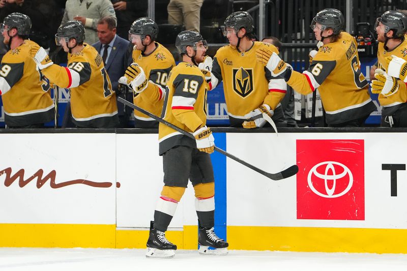 Jan 8, 2026; Las Vegas, Nevada, USA; Vegas Golden Knights right wing Reilly Smith (19) celebrates after scoring a goal against the Columbus Blue Jackets during the first period at T-Mobile Arena. Mandatory Credit: Stephen R. Sylvanie-Imagn Images
