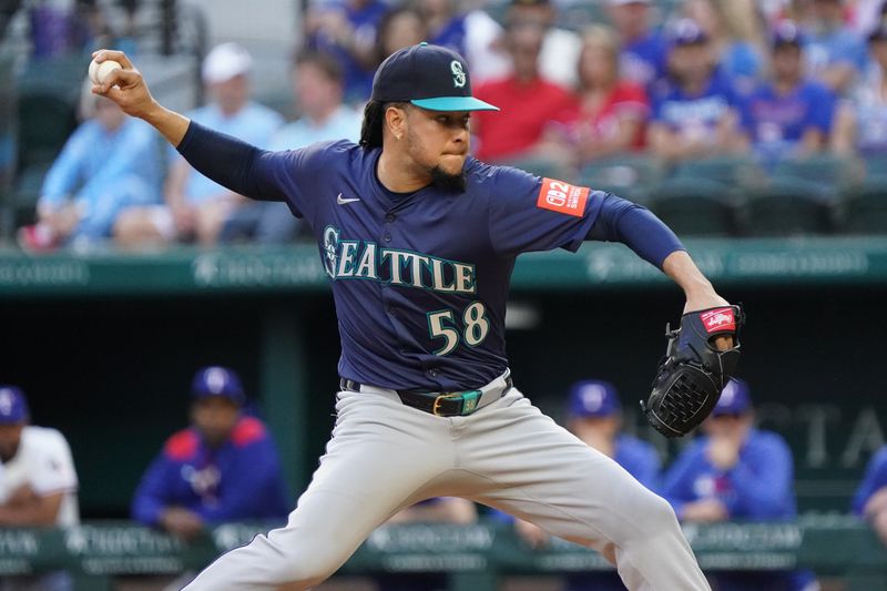 May 3, 2025; Arlington, Texas, USA; Seattle Mariners pitcher Luis Castillo (58) throws to the plate during the first inning against the Texas Rangers at Globe Life Field. Mandatory Credit: Raymond Carlin III-Imagn Images