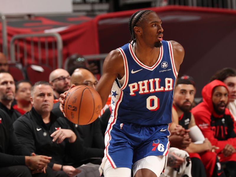 CHICAGO, IL - DECEMBER 8: Tyrese Maxey #0 of the Philadelphia 76ers looks to pass the ball during the game against the Chicago Bulls on December 8, 2024 at United Center in Chicago, Illinois. NOTE TO USER: User expressly acknowledges and agrees that, by downloading and or using this photograph, User is consenting to the terms and conditions of the Getty Images License Agreement. Mandatory Copyright Notice: Copyright 2024 NBAE (Photo by Gary Dineen/NBAE via Getty Images)