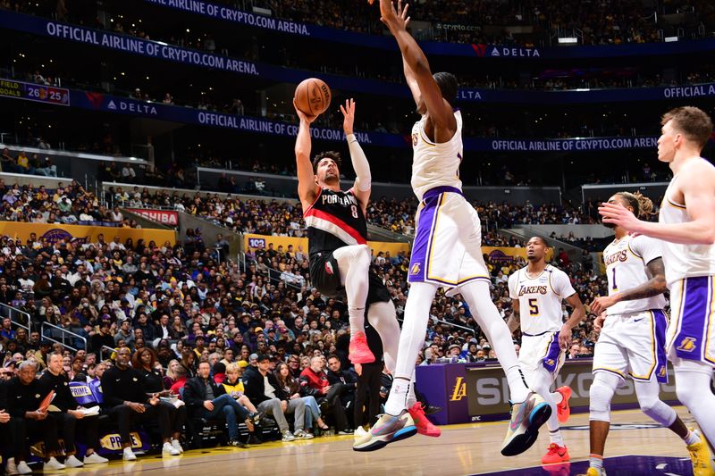 LOS ANGELES, CA - DECEMBER 8: Deni Avdija #8 of the Portland Trail Blazers drives to the basket during the game against the Los Angeles Lakers on December 8, 2024 at Crypto.Com Arena in Los Angeles, California. NOTE TO USER: User expressly acknowledges and agrees that, by downloading and/or using this Photograph, user is consenting to the terms and conditions of the Getty Images License Agreement. Mandatory Copyright Notice: Copyright 2024 NBAE (Photo by Adam Pantozzi/NBAE via Getty Images)