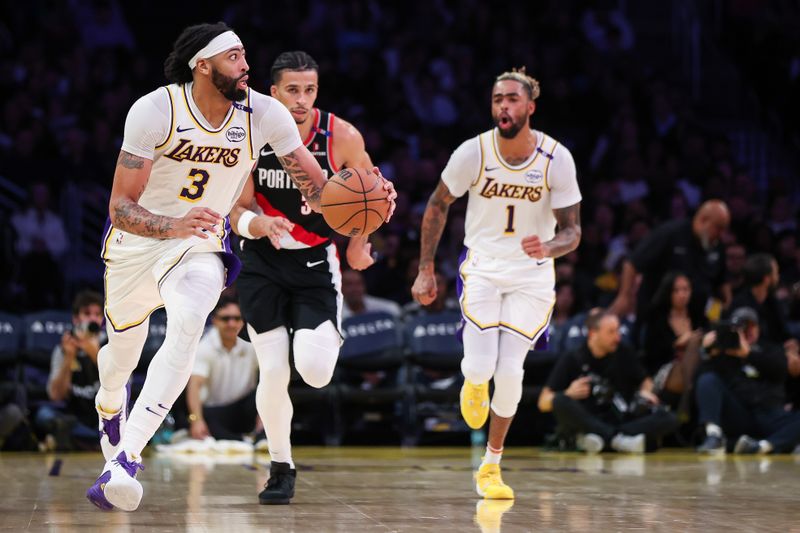 LOS ANGELES, CALIFORNIA - DECEMBER 08: Anthony Davis #3 of the Los Angeles Lakers handles the ball in the second half against the Portland Trail Blazers at Crypto.com Arena on December 08, 2024 in Los Angeles, California. NOTE TO USER: User expressly acknowledges and agrees that, by downloading and or using this Photograph, user is consenting to the terms and conditions of the Getty Images License Agreement. (Photo by Meg Oliphant/Getty Images)