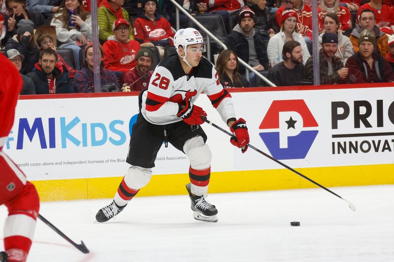 Nov 29, 2024; Detroit, Michigan, USA; New Jersey Devils right wing Timo Meier (28) handles the puck during the third period against the Detroit Red Wings at Little Caesars Arena. Mandatory Credit: Brian Bradshaw Sevald-Imagn Images