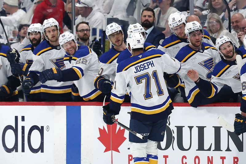 May 4, 2025; Winnipeg, Manitoba, CAN; St. Louis Blues right wing Mathieu Joseph (71) celebrates a goal against the Winnipeg Jets in the first period in game seven of the first round of the 2025 Stanley Cup Playoffs at Canada Life Centre. Mandatory Credit: James Carey Lauder-Imagn Images