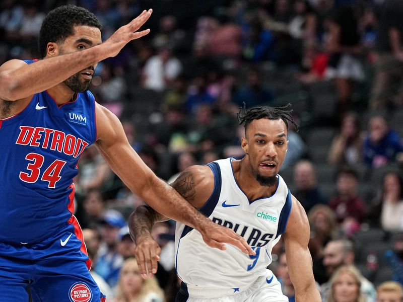 DALLAS, TX - OCTOBER 20: AJ Lawson #9 of the Dallas Mavericks dribbles the ball during the game against the Detroit Pistons on October 20, 2023 at the American Airlines Center in Dallas, Texas. NOTE TO USER: User expressly acknowledges and agrees that, by downloading and or using this photograph, User is consenting to the terms and conditions of the Getty Images License Agreement. Mandatory Copyright Notice: Copyright 2023 NBAE (Photo by Glenn James/NBAE via Getty Images)