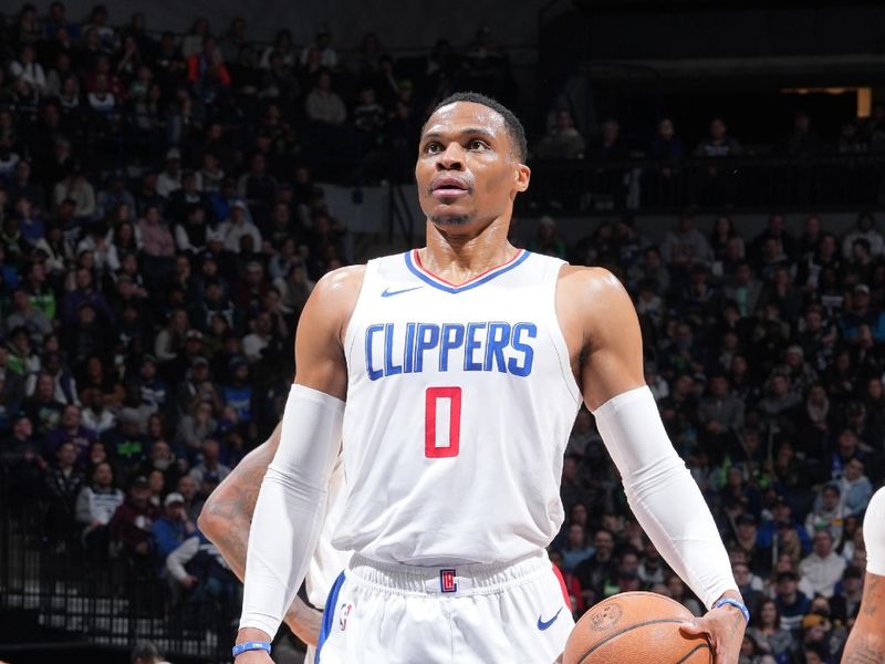 MINNEAPOLIS, MN -  JANUARY 14: Russell Westbrook #0 of the LA Clippers shoots a free throw during the game against the Minnesota Timberwolves on January 14, 2024 at Target Center in Minneapolis, Minnesota. NOTE TO USER: User expressly acknowledges and agrees that, by downloading and or using this Photograph, user is consenting to the terms and conditions of the Getty Images License Agreement. Mandatory Copyright Notice: Copyright 2024 NBAE (Photo by Jordan Johnson/NBAE via Getty Images)