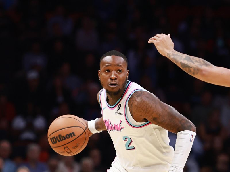 MIAMI, FLORIDA - JANUARY 29: Terry Rozier #2 of the Miami Heat controls the ball against the Cleveland Cavaliers during the first half at Kaseya Center on January 29, 2025 in Miami, Florida.  NOTE TO USER: User expressly acknowledges and agrees that, by downloading and or using this Photograph, user is consenting to the terms and conditions of the Getty Images License Agreement. (Photo by Carmen Mandato/Getty Images)