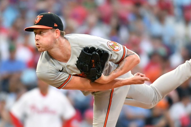 Jul 26, 2023; Philadelphia, Pennsylvania, USA; Baltimore Orioles starting pitcher Kyle Bradish (39) throws a pitch during the sixth inning against the Philadelphia Phillies at Citizens Bank Park. Mandatory Credit: Eric Hartline-USA TODAY Sports