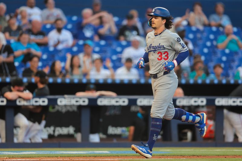 May 5, 2025; Miami, Florida, USA; Los Angeles Dodgers center fielder James Outman (33) circles the bases after hitting a three-run home run against the Miami Marlins during the ninth inning at loanDepot Park. Mandatory Credit: Sam Navarro-Imagn Images