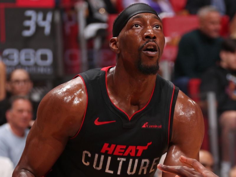 MIAMI, FL - JANUARY 19: Bam Adebayo #13 of the Miami Heat looks on during the game against the Atlanta Hawks on January 19, 2024 at Kaseya Center in Miami, Florida. NOTE TO USER: User expressly acknowledges and agrees that, by downloading and or using this Photograph, user is consenting to the terms and conditions of the Getty Images License Agreement. Mandatory Copyright Notice: Copyright 2024 NBAE (Photo by Issac Baldizon/NBAE via Getty Images)