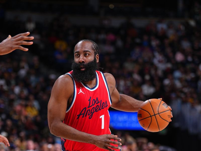 DENVER, CO - DECEMBER 13: James Harden #1 of the LA Clippers drives to the basket during the game against the Denver Nuggets on December 13, 2024 at Ball Arena in Denver, Colorado. NOTE TO USER: User expressly acknowledges and agrees that, by downloading and/or using this Photograph, user is consenting to the terms and conditions of the Getty Images License Agreement. Mandatory Copyright Notice: Copyright 2024 NBAE (Photo by Garrett Ellwood/NBAE via Getty Images)