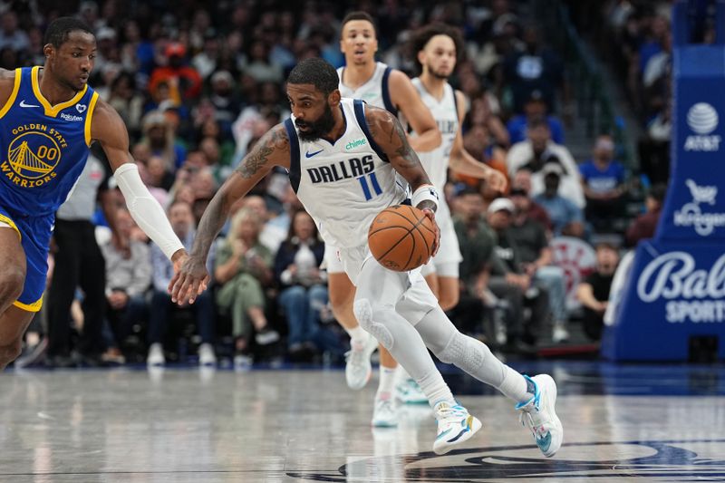 DALLAS, TX - MARCH 13: Kyrie Irving #11 of the Dallas Mavericks handles the ball during the game against the Golden State Warriors on March 13, 2024 at the American Airlines Center in Dallas, Texas. NOTE TO USER: User expressly acknowledges and agrees that, by downloading and or using this photograph, User is consenting to the terms and conditions of the Getty Images License Agreement. Mandatory Copyright Notice: Copyright 2024 NBAE (Photo by Glenn James/NBAE via Getty Images)