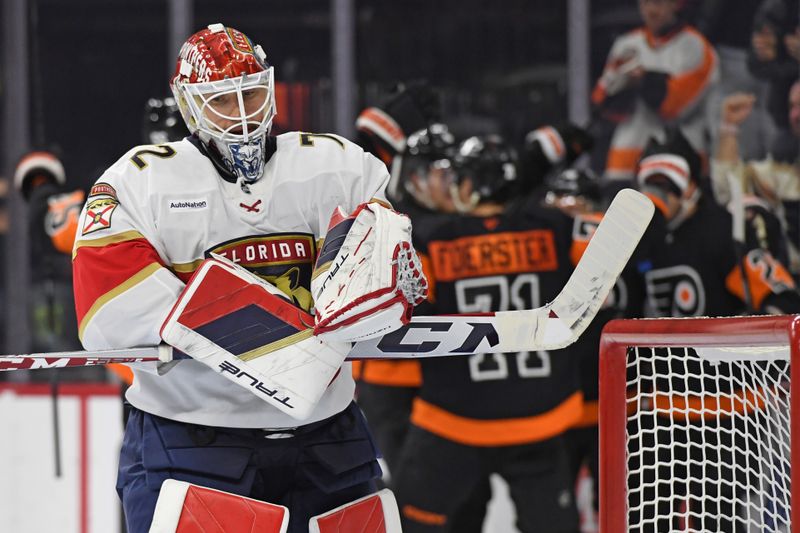 Jan 13, 2025; Philadelphia, Pennsylvania, USA; Florida Panthers goaltender Sergei Bobrovsky (72) reacts after allowing a goal against the Philadelphia Flyers during the third period at Wells Fargo Center. Mandatory Credit: Eric Hartline-Imagn Images