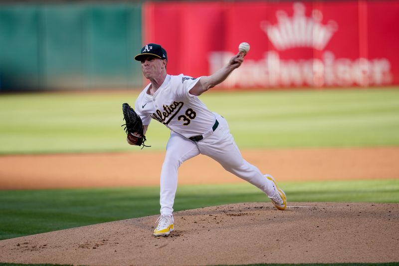 Jul 19, 2024; Oakland, California, USA; Oakland Athletics pitcher JP Sears (38) delivers a pitch against the Los Angeles Angels in the first inning at Oakland-Alameda County Coliseum. Mandatory Credit: Cary Edmondson-USA TODAY Sports