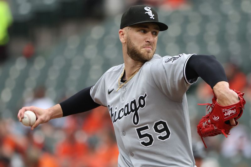 May 30, 2025; Baltimore, Maryland, USA; Chicago White Sox pitcher Sean Burke (59) throws during the second inning against the Baltimore Orioles at Oriole Park at Camden Yards. Mandatory Credit: Daniel Kucin Jr.-Imagn Images