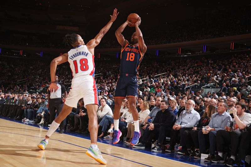 NEW YORK, NY - FEBRUARY 26: Alec Burks #18 of the New York Knicks shoots the ball during the game against the Detroit Pistons on February 26, 2024 at Madison Square Garden in New York City, New York.  NOTE TO USER: User expressly acknowledges and agrees that, by downloading and or using this photograph, User is consenting to the terms and conditions of the Getty Images License Agreement. Mandatory Copyright Notice: Copyright 2024 NBAE  (Photo by Nathaniel S. Butler/NBAE via Getty Images)