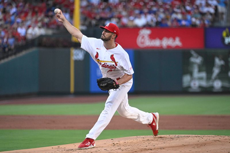 Jul 27, 2023; St. Louis, Missouri, USA; St. Louis Cardinals relief pitcher Dakota Hudson (43) pitches against the Chicago Cubs in the first inning at Busch Stadium. Mandatory Credit: Joe Puetz-USA TODAY Sports