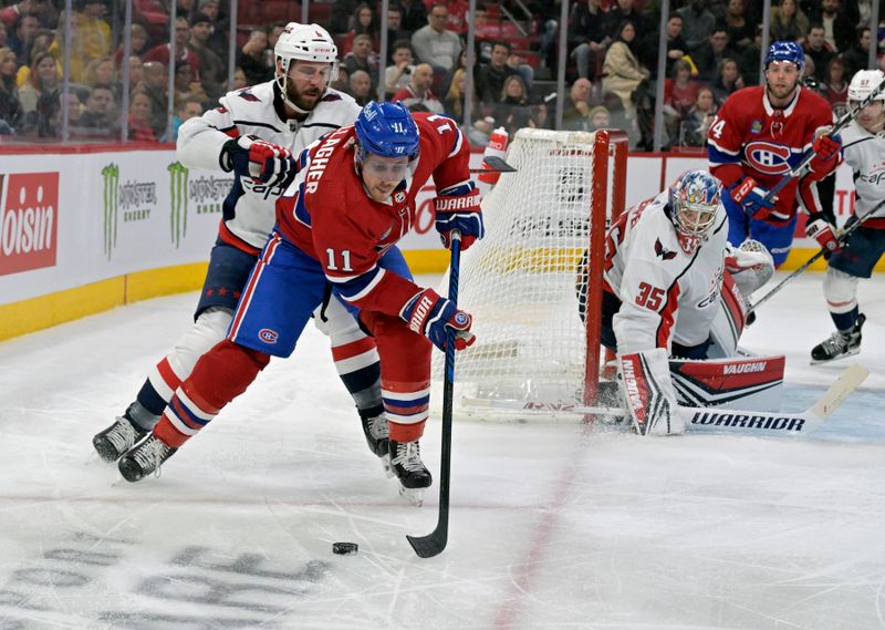 Feb 17, 2024; Montreal, Quebec, CAN; Montreal Canadiens forward Brendan Gallagher (11) plays the puck and Washington Capitals defenseman Joel Edmundson (6) defends during the second period at the Bell Centre. Mandatory Credit: Eric Bolte-USA TODAY Sports