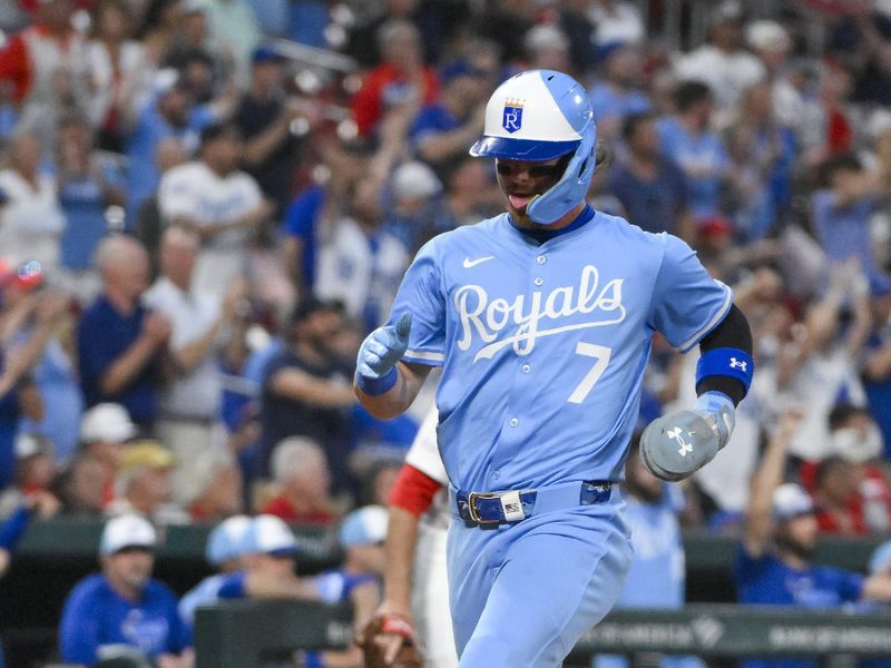 Jun 3, 2025; St. Louis, Missouri, USA;  Kansas City Royals shortstop Bobby Witt Jr. (7) scores against the St. Louis Cardinals during the fifth inning at Busch Stadium. Mandatory Credit: Jeff Curry-Imagn Images