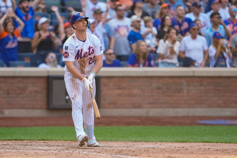 Sep 14, 2025; New York City, New York, USA; New York Mets first baseman Pete Alonso (20) watches his walk off three run home run against the Texas Rangers during the tenth inning at Citi Field. Mandatory Credit: Gregory Fisher-Imagn Images