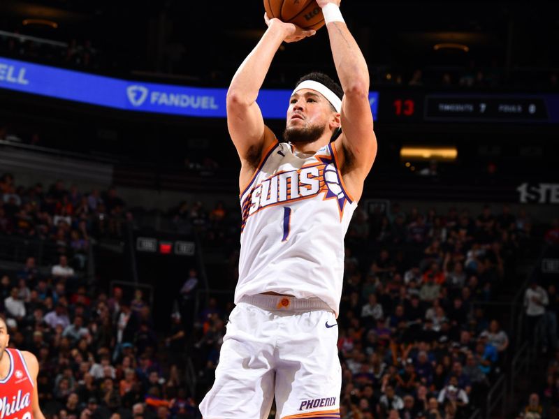 PHOENIX, AZ - MARCH 20: Devin Booker #1 of the Phoenix Suns shoots the ball during the game against the Philadelphia 76ers on March 20, 2024 at Footprint Center in Phoenix, Arizona. NOTE TO USER: User expressly acknowledges and agrees that, by downloading and or using this photograph, user is consenting to the terms and conditions of the Getty Images License Agreement. Mandatory Copyright Notice: Copyright 2024 NBAE (Photo by Barry Gossage/NBAE via Getty Images)