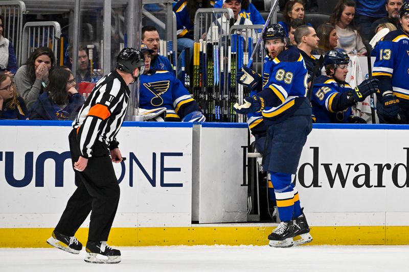 Apr 12, 2024; St. Louis, Missouri, USA;  St. Louis Blues left wing Pavel Buchnevich (89) reacts to a non call from referee Kelly Sutherland (11) during the second period against the Carolina Hurricanes at Enterprise Center. Mandatory Credit: Jeff Curry-USA TODAY Sports