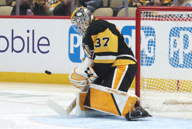 Nov 29, 2025; Pittsburgh, Pennsylvania, USA;  Pittsburgh Penguins goaltender Arturs Silovs (37) makes a save against the Toronto Maple Leafs during the second period at PPG Paints Arena. Mandatory Credit: Charles LeClaire-Imagn Images