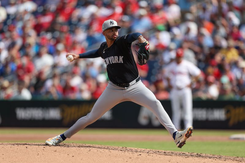 Mar 4, 2025; Clearwater, Florida, USA; New York Yankees pitcher Devin Williams (38) throws a pitch against the Philadelphia Phillies in the fourth inning during spring training at BayCare Ballpark. Mandatory Credit: Nathan Ray Seebeck-Imagn Images