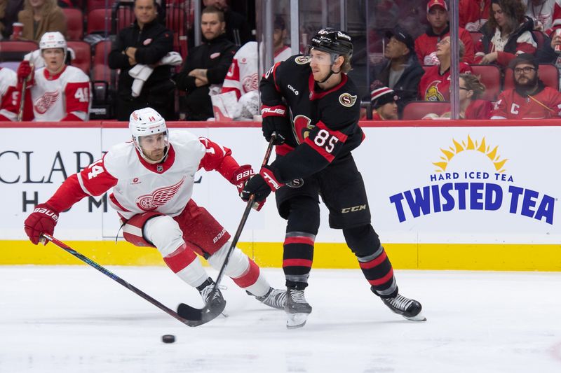 Dec 5, 2024; Ottawa, Ontario, CAN;  Ottawa Senators defenseman Jake Sanderson (85) moves the puck away from Detroit Red Wings center Tyler Motte (14) in the second period at the Canadian Tire Centre. Mandatory Credit: Marc DesRosiers-Imagn Images