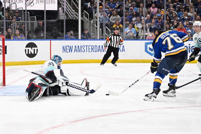 Apr 14, 2024; St. Louis, Missouri, USA; Seattle Kraken goaltender Joey Daccord (35) defends the net from St. Louis Blues center Zack Bolduc (76) during the second period at Enterprise Center. Mandatory Credit: Jeff Le-USA TODAY Sports