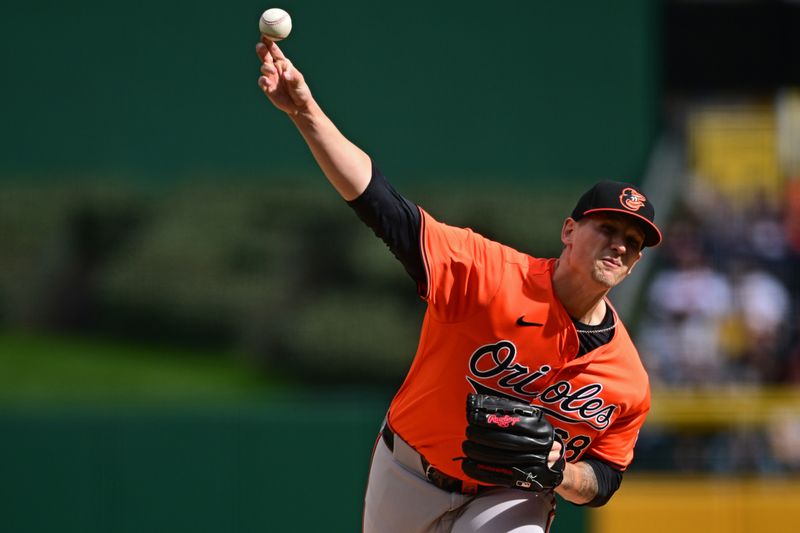 Apr 6, 2024; Pittsburgh, Pennsylvania, USA; Baltimore Orioles pitcher Tyler Wells (68) throws against the Pittsburgh Pirates during the first inning at PNC Park. Mandatory Credit: David Dermer-USA TODAY Sports