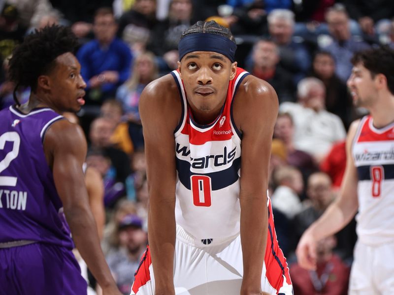 SALT LAKE CITY, UT - MARCH 4:  Bilal Coulibaly #0 of the Washington Wizards looks on during the game against the Utah Jazz on March 4, 2024 at vivint.SmartHome Arena in Salt Lake City, Utah. NOTE TO USER: User expressly acknowledges and agrees that, by downloading and or using this Photograph, User is consenting to the terms and conditions of the Getty Images License Agreement. Mandatory Copyright Notice: Copyright 2024 NBAE (Photo by Melissa Majchrzak/NBAE via Getty Images)