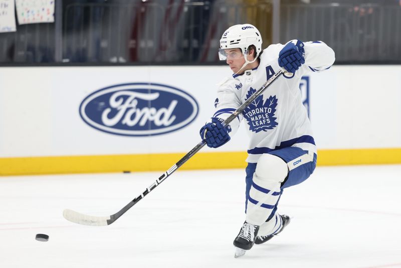 Mar 10, 2025; Salt Lake City, Utah, USA; Toronto Maple Leafs right wing Mitch Marner (16) warms up before a game against the before the game against the Utah Hockey Club at Delta Center. Mandatory Credit: Rob Gray-Imagn Images