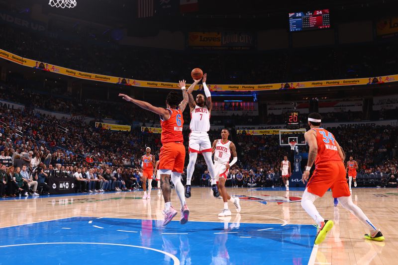 OKLAHOMA CITY, OK - FEBRUARY 27: Cam Whitmore #7 of the Houston Rockets shoots the ball during the game against the Oklahoma City Thunder on February, 2024 at Paycom Arena in Oklahoma City, Oklahoma. NOTE TO USER: User expressly acknowledges and agrees that, by downloading and or using this photograph, User is consenting to the terms and conditions of the Getty Images License Agreement. Mandatory Copyright Notice: Copyright 2024 NBAE (Photo by Zach Beeker/NBAE via Getty Images)