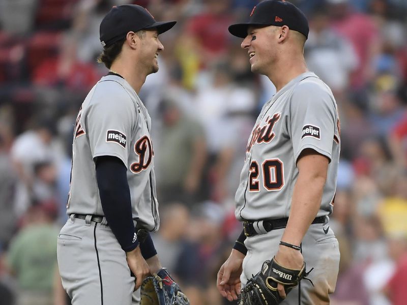 Aug 12, 2023; Boston, Massachusetts, USA;  Detroit Tigers third baseman Zach McKinstry (39) and first baseman Spencer Torkelson (20) react after defeating the Boston Red Sox at Fenway Park. Mandatory Credit: Bob DeChiara-USA TODAY Sports