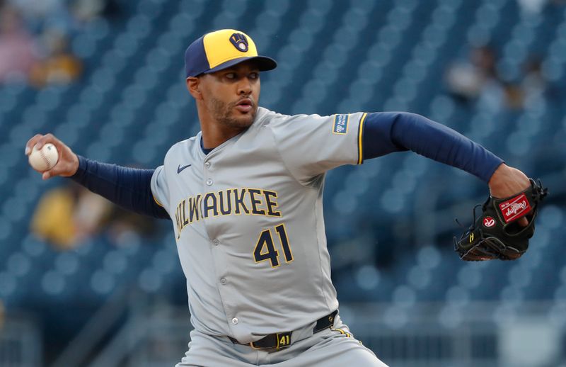 Apr 22, 2024; Pittsburgh, Pennsylvania, USA;  Milwaukee Brewers starting pitcher Joe Ross (41) delivers a pitch against he Pittsburgh Pirates during the first inning at PNC Park. Mandatory Credit: Charles LeClaire-USA TODAY Sports