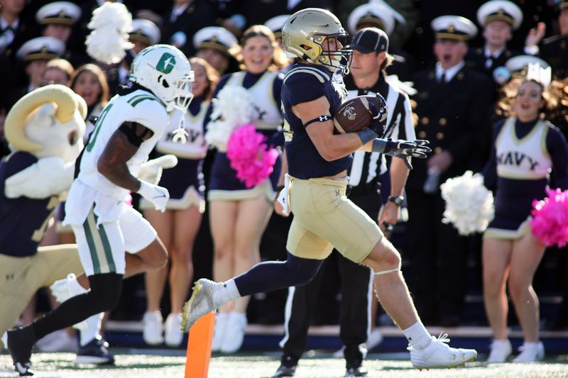 Oct 19, 2024; Annapolis, Maryland, USA; Navy Midshipmen fullback Alex Tecza (46) scores a touchdown against the Charlotte 49ers during the first half at Navy-Marine Corps Memorial Stadium. Mandatory Credit: Daniel Kucin Jr.-Imagn Images