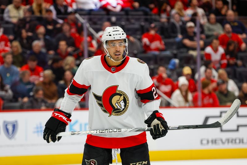 Dec 9, 2023; Detroit, Michigan, USA; Ottawa Senators right wing Mathieu Joseph (21) looks on during the first period at Little Caesars Arena. Mandatory Credit: Brian Bradshaw Sevald-USA TODAY Sports