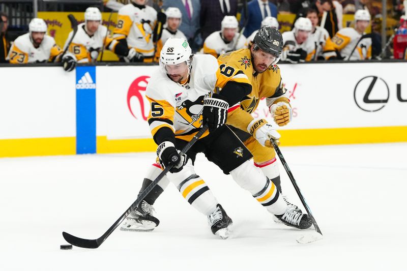 Jan 20, 2024; Las Vegas, Nevada, USA; Pittsburgh Penguins defenseman Erik Karlsson (65) controls the puck away from Vegas Golden Knights center Chandler Stephenson (20) during the third period at T-Mobile Arena. Mandatory Credit: Stephen R. Sylvanie-USA TODAY Sports