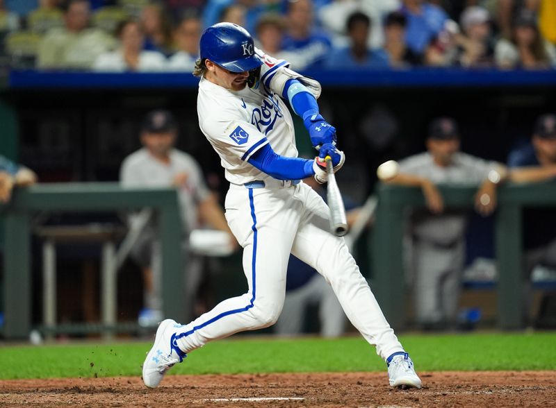 Aug 7, 2024; Kansas City, Missouri, USA; Kansas City Royals shortstop Bobby Witt Jr. (7) hits a home run during the sixth inning against the Boston Red Sox at Kauffman Stadium. Mandatory Credit: Jay Biggerstaff-USA TODAY Sports