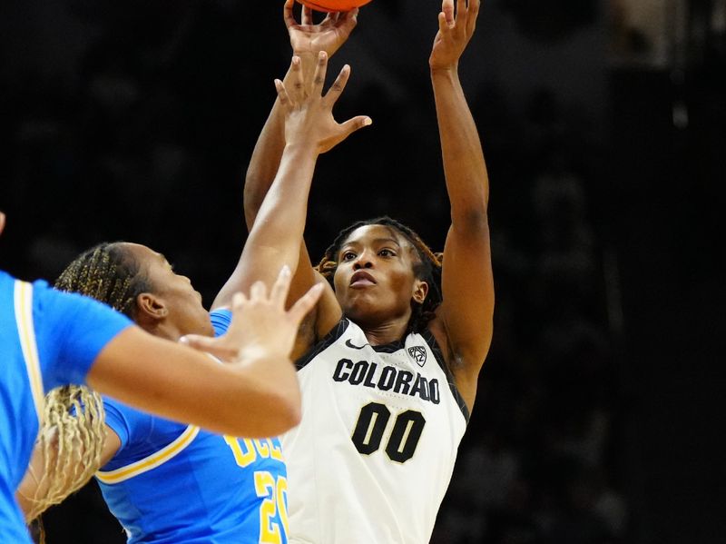 Jan 19, 2024; Boulder, Colorado, USA; Colorado Buffaloes guard Jaylyn Sherrod (00) shoots the ball in the first quarter against the UCLA Bruins  at the CU Events Center. Mandatory Credit: Ron Chenoy-USA TODAY Sports
\v11