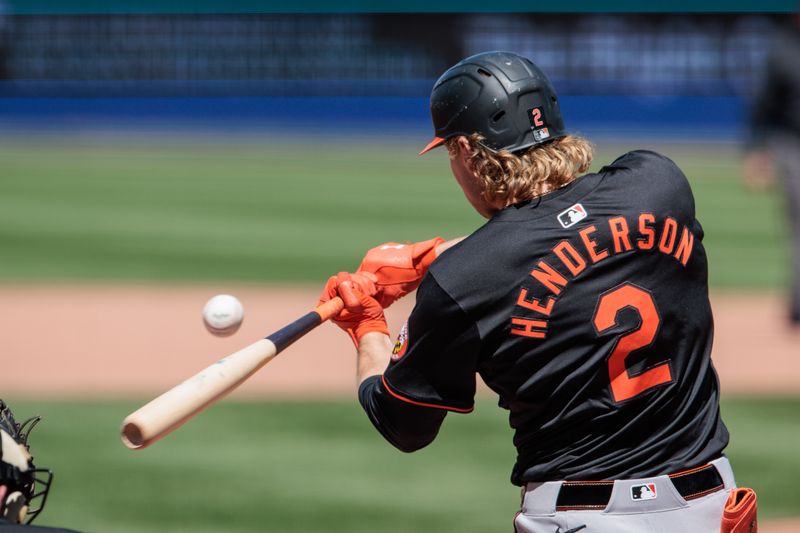 Apr 21, 2024; Kansas City, Missouri, USA; Baltimore Orioles shortstop Gunnar Henderson (2) hits the ball during the fifth inning against the Kansas City Royals at Kauffman Stadium. Mandatory Credit: William Purnell-USA TODAY Sports