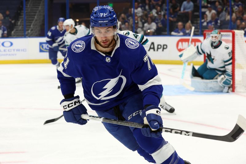 Oct 26, 2023; Tampa, Florida, USA; Tampa Bay Lightning center Anthony Cirelli (71) skates with the puck against the San Jose Sharks during the first period at Amalie Arena. Mandatory Credit: Kim Klement Neitzel-USA TODAY Sports