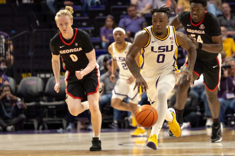 Feb 27, 2024; Baton Rouge, Louisiana, USA; LSU Tigers guard Trae Hannibal (0) brings the ball up court against LSU Tigers guard Trae Hannibal (0) during the first half at Pete Maravich Assembly Center. Mandatory Credit: Stephen Lew-USA TODAY Sports