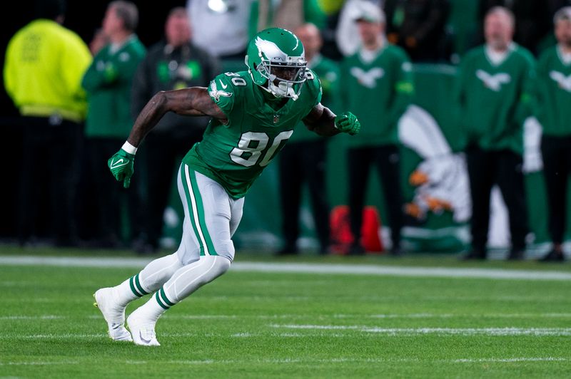 Philadelphia Eagles wide receiver Julio Jones (80) in action during the NFL football game against the Miami Dolphins, Sunday, Oct. 22, 2023, in Philadelphia. (AP Photo/Chris Szagola)