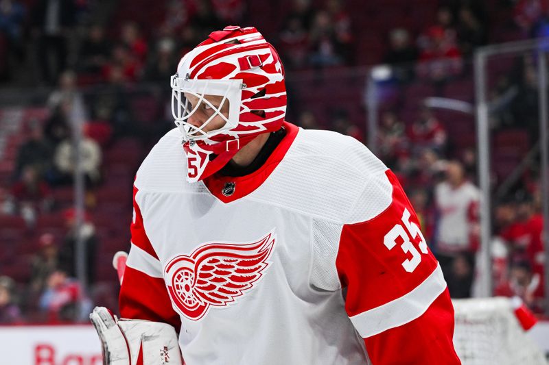 Dec 2, 2023; Montreal, Quebec, CAN; Detroit Red Wings goalie Ville Husso (35) looks on during warm up before the game against the Montreal Canadiens at Bell Centre. Mandatory Credit: David Kirouac-USA TODAY Sports