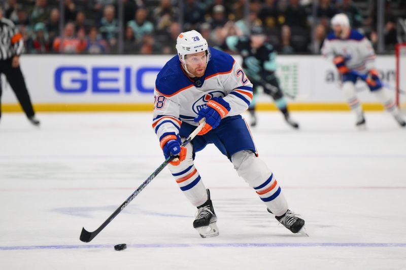 Mar 2, 2024; Seattle, Washington, USA; Edmonton Oilers right wing Connor Brown (28) advances the puck against the Seattle Kraken during the first period at Climate Pledge Arena. Mandatory Credit: Steven Bisig-USA TODAY Sports