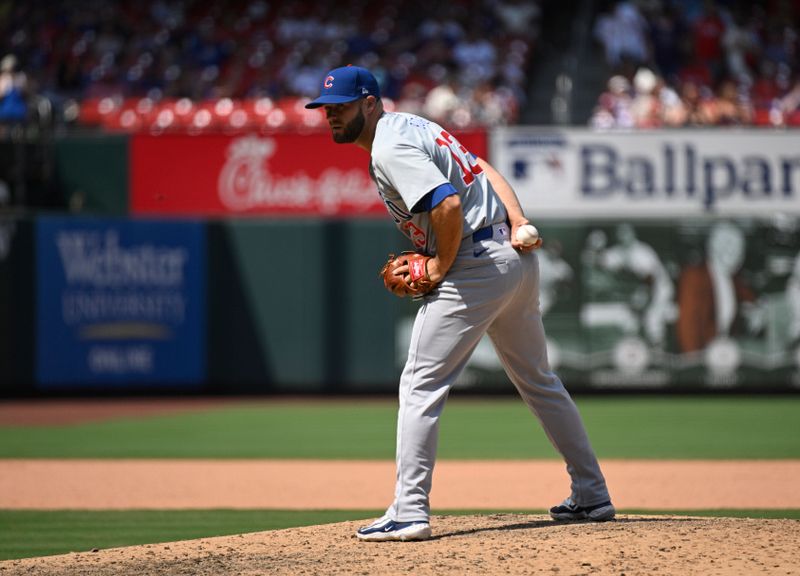 Jul 13, 2024; St. Louis, Missouri, USA; Chicago Cubs third baseman David Bote (13) pitches against the St. Louis Cardinals during the eighth inning at Busch Stadium. Mandatory Credit: Jeff Le-USA TODAY Sports